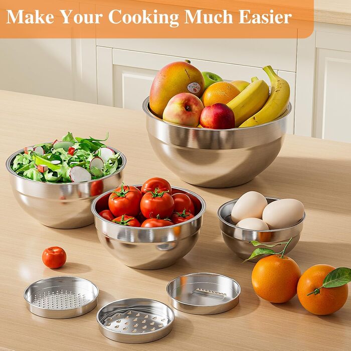 Набір місок для перемішування з кришками, 9 шт., з нержавіючої сталі, з 3 тертками, для зберігання продуктів, кухонний органайзер, міски для перемішування, великий розмір 4.5, 3.5, 2.1, 1.5, 1.1, 0.7 л