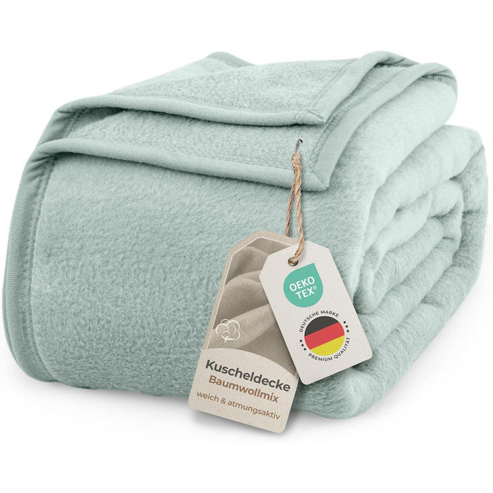 Плед LAYENBURG Premium з бавовни, 220x240 см, м'ятний. Оeko-Tex 100, теплий та м'який плед для дому, дивана та софи. Суміш бавовни.