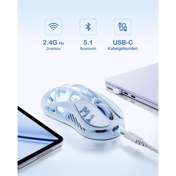 Миша ігрова бездротова GravaStar Mercury M1 Pro, 26000 DPI, 4K, PAW3395, 88г, Bluetooth/2.4G/кабель, RGB, 5 кнопок – Чорний градієнт (Електро-блакитний)