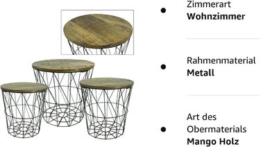 Набір з 3 металевих кошиків Бічний столик чорний - Сучасний металевий і дерев'яний стіл для вітальні - Дротяний кошик з кришкою - Круглий кошик для зберігання Журнальний столик у 3 розмірах - Стіл для вітальні (Кошик для журнального столу на 3 місця, чорн