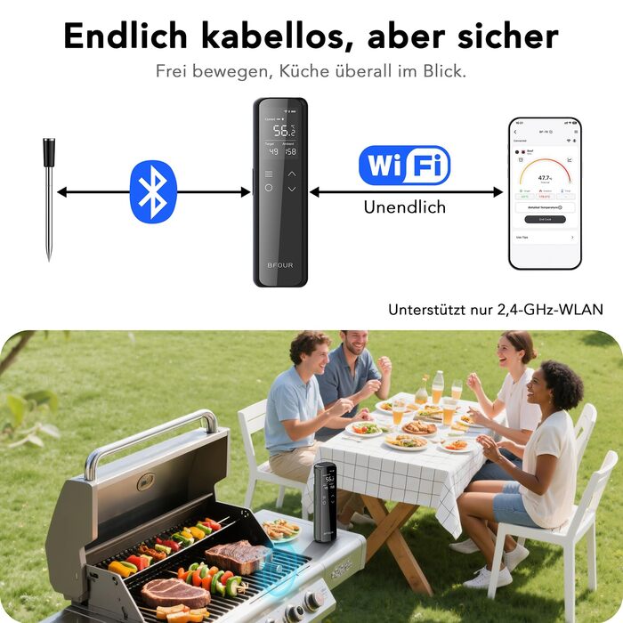 Термометр для м'яса BFOUR WiFi з Bluetooth, 6 сенсорів, з App-керуванням, бездротовий, для гриля та запікання