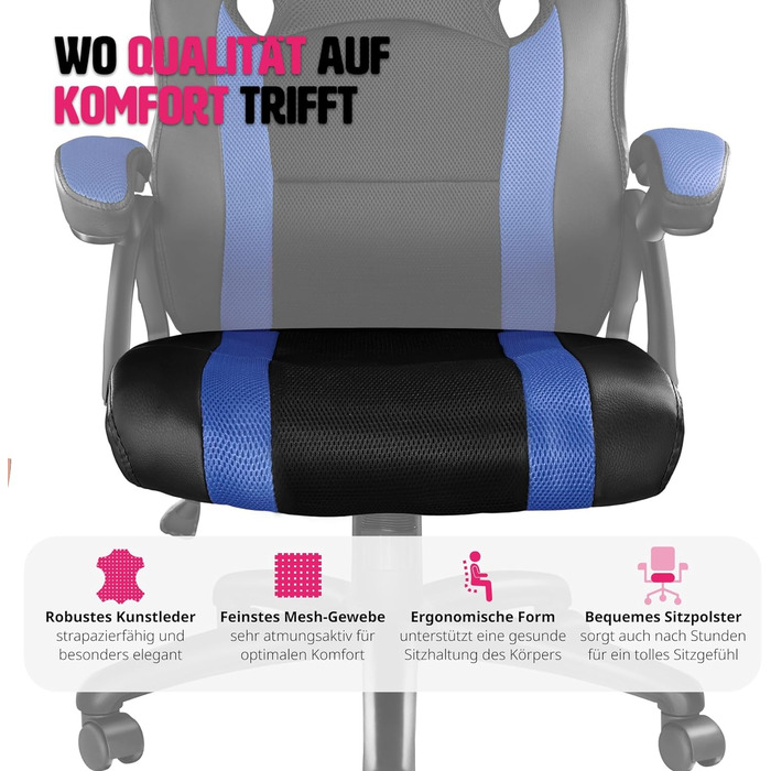 Ігрове крісло tectake, Ергономічне офісне крісло, Гоночне офісне крісло, Крісло для керівника з функцією гойдалки та підлокітниками, Поворотне крісло, Регульоване по висоті письмове крісло, Крісло для ПК, Ігрове крісло - чорний/синій Чорно-синій Артикул 4