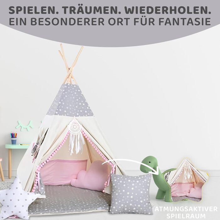 Дитячий намет-тіпі Rainbow Kids: бавовняне полотно, різні кольори та візерунки, з аксесуарами (Вовк, зірка, рожевий)