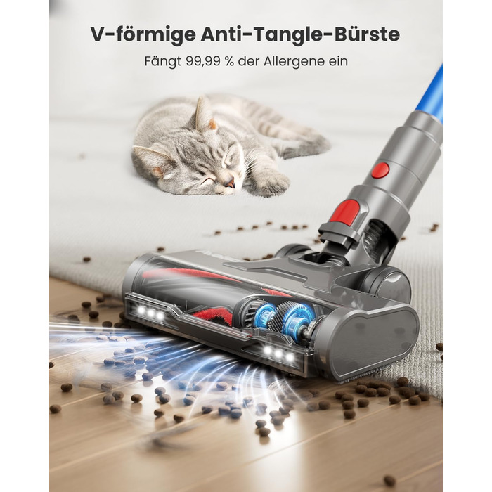 Бездротовий акумуляторний пилосос 48000Pa/580W/65Min, об'єм 1,8L, з функцією від'єднання пилу, антизаплутана щітка, 8-ступенева фільтрація. Підходить для килимів, шерсті тварин та твердих поверхонь. Колір: блакитний