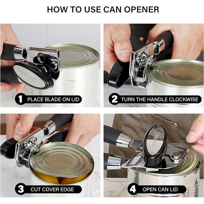 Ручний відкривач для банок QMVESS, нержавіюча сталь, безпечні краї, протиковзкий, з відкривачем для скляних пляшок (чорний)