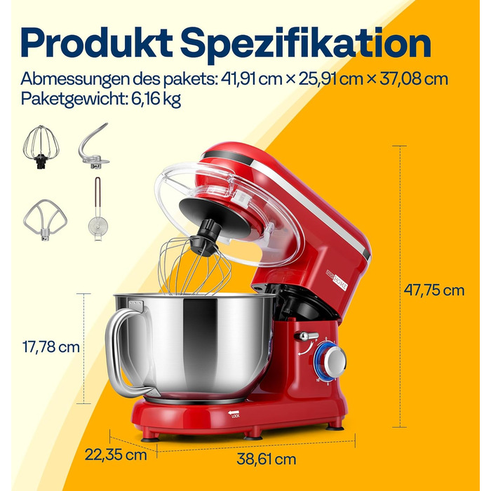 Кухонна машина VIVOHOME 5.7L: потужний міксер з 10 швидкостями, функцією імпульсу та набором насадок (червоний)