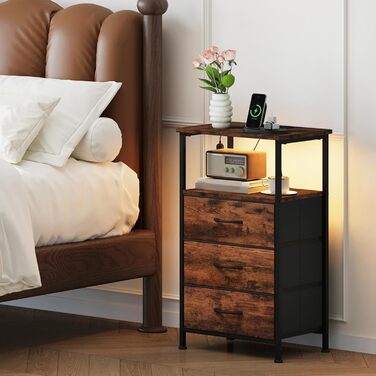 Нічний столик Somdot з підзарядкою, LED, розеткою (USB, Type-C) для спальні, вітальні, дитячої кімнати. Нічний столик, тумбочка, 30x40x60 (2 висувні ящики), деревоподібний масив, 2