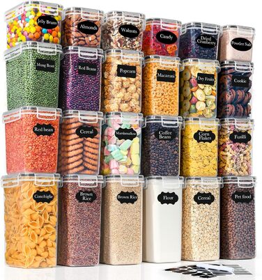 Набір контейнерів для зберігання GoMaihe (24 шт) з герметичними кришками: контейнери для продуктів з етикетками та маркером | Коробки для зберігання на кухню для мюслі, борошна, кукурудзяних пластівців та цукру | Без BPA | Можна мити в посудомийній машині