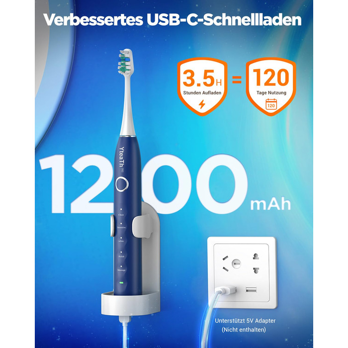 Електрична зубна щітка зі звуковими вібраціями, 8 насадок (3 типи), таймер, 120 днів роботи від акумулятора, 5 режимів чищення, чохол для подорожей, зарядний пристрій для стіни, синій колір