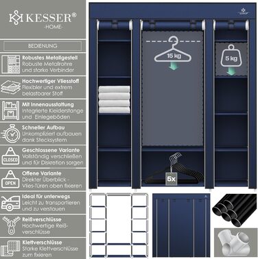 Тканинна шафа KESSER з штангою для одягу, полицями та 5 вішалками, 150x45x175см темно-синій