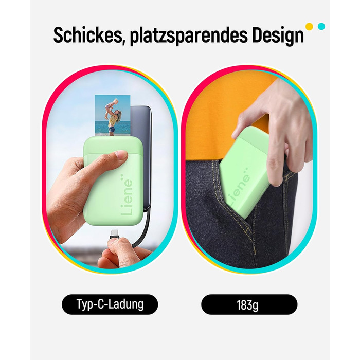 Портативний фотодрук Liene Pearl K100: друк зі смартфона, 50 шт. Zink-паперу, Bluetooth 5.0, сумісний з iOS/Android, для iPhone (зелений)