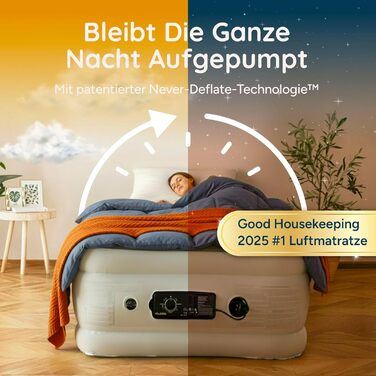 Huddle® Luxury Never Deflate - Розкішне надувне ліжко Never Deflate з запатентованою технологією Dual-Pump-SlumberGuard™ | Надувна матрац з вбудованим насосом | Зручне надувне ліжко (одиночне)