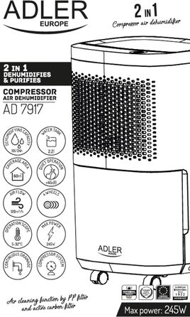 Осушувач і очищувач ADLER EUROPE AD7917, електричний, компресорний, безшумний, бак 2.2 л, функція безперервного зливу води, розморожування, фільтр з поліпропілену та активованого вугілля
