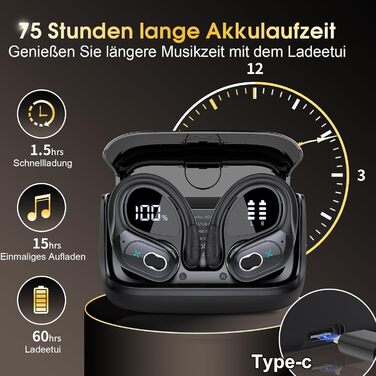 Навушники Aptkdoe Sport Bluetooth 5.3, 75h HiFi, водонепроникність IPX7, вушні гачки, чорний