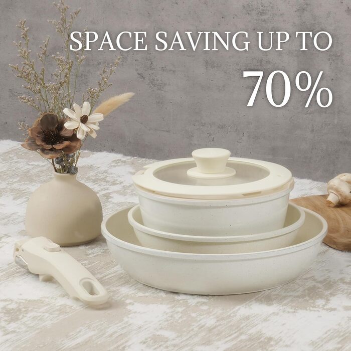 Набір каструль та сковорідок з керамічним покриттям 8 предметів з знімними ручками, індукційне дно, придатні для духовки та мийки, без PFAS/PFOA, кремово-білий