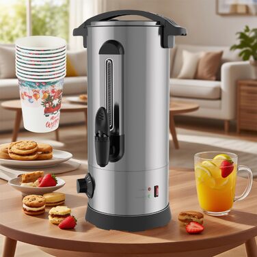 Глювайновий нагрівач з 10 чашками | 1500W, нержавіюча сталь, термостат 30–110°C, функція підігріву та кран | Глювайновий автомат для вечірок (10L, срібний)