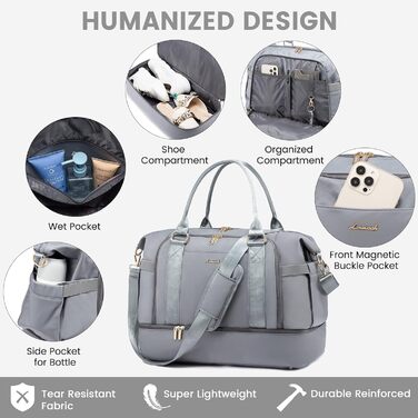 Спортивна сумка LOVEVOOK для подорожей, жіноча дорожня сумка Weekender з косметичкою, відділенням для взуття та мокрих речей, водонепроникна, 37L, сіра