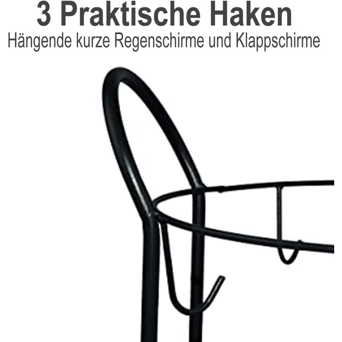 Підставка для парасольок Мосегор з металу, підставка для парасольок кругла, тримач парасольки універсальний, з 3 гачками і дощовою оболонкою, окремо стоїть підставка для парасольки, 60 x Ø 25 см (чорний)