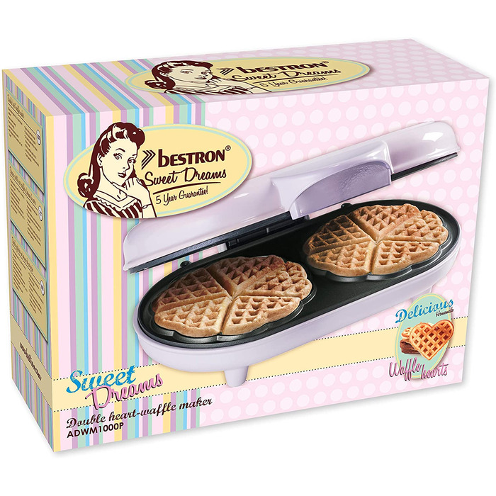 Вафлі Bestron Double Waffle Iron Heart, Антипригарні, Підвісний кошик, Ідеально підходить для урочистостей, Рожевий