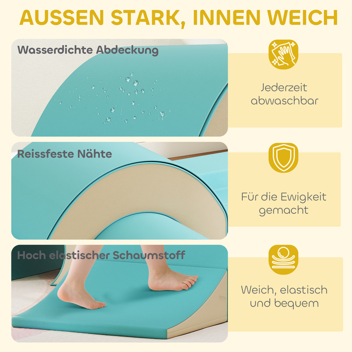 Набір з 5 м'яких ігрових модулів для малюків та дітей раннього віку. Виготовлені з піни та штучної шкіри, включають 5 креативних форм. Ідеальний для активних ігор у приміщенні: лазіння, повзання та розвиток. Колір: зелений.