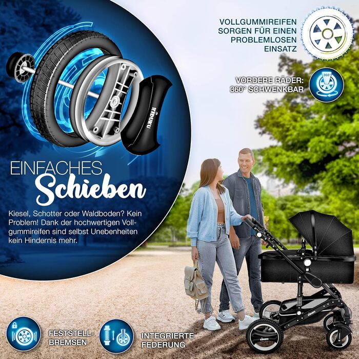 Дитяча коляска KIDUKU® 3 в 1 XXL Комплект | Комбінована коляска з люлькою, прогулянковим блоком та автокріслом. В комплекті: сумка для пеленання, підставка для ніг, грілка для рук, дощовик, столик для дитини. Колеса з повним покриттям, ECE R129 (Чорний / 