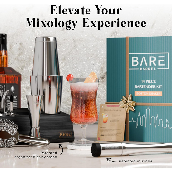 Набір бармена Pro Mixology: 14 предметів, Boston Shaker 28oz, бамбуковий підставник, рецепти коктейлів. Ідеальний подарунок для дому.