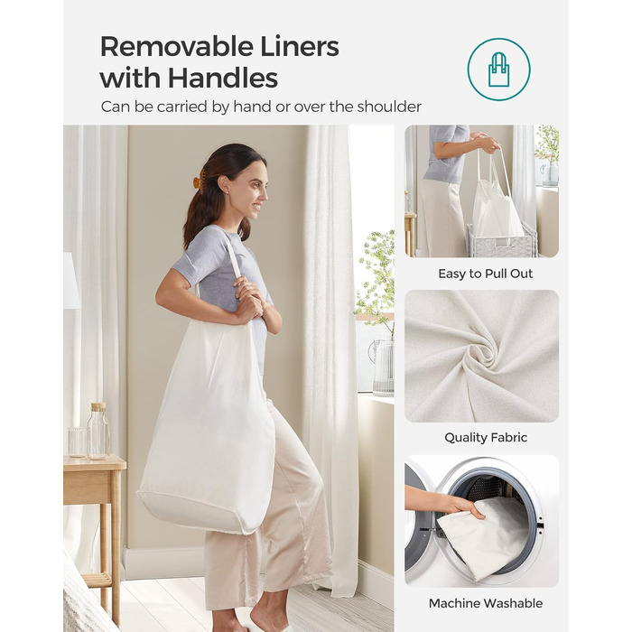 Кошик для білизни Songmics з кришкою, 90 л, з 6 мішечками, з плетеного ротанг, для ванної кімнати, 33 x 46 x 60 см