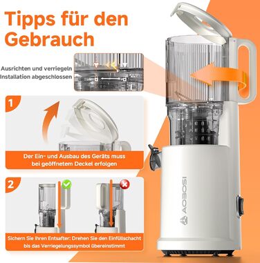 AOBOSI Швидкий соковитискач з великою завантажувальною воронкою 135 мм, 200 Вт, холодний віджим, соковитискач із функцією зворотного ходу та потрійним фільтром, BPA-free, тихий, ідеальний для свіжого соку з фруктів та овочів (45 мм, темно-синій)