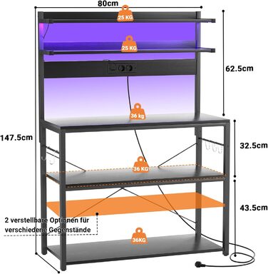 Кухонна полиця-стійка з розеткою, підставка для мікрохвильовки, 5-рівнева кавобар з LED-підсвічуванням, полиця для спецій, каструль та сковороди (80 см, чорний)