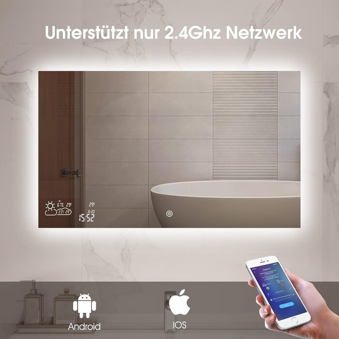 Дзеркало для ванної кімнати LED Byecold з підсвічуванням, 60x80 см, з Wi-Fi, погода та дата, сенсорне управління