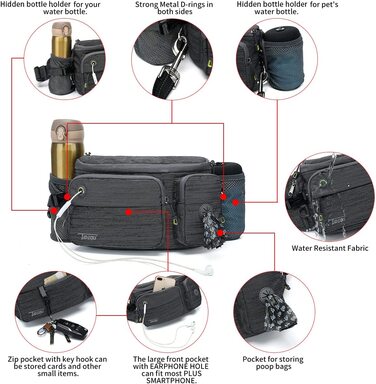 Повідець-банджі TUDEQU 4-В-1 для собак без рук з нульовою амортизацією і багатофункціональної поясний сумкою, повідець довжиною 5,8 футів / 178 см з пряжкою автомобільного ременя безпеки і світловідбиваючої різьбленням YBHGS ТЕМНО-сіра сумка Чорний повіде
