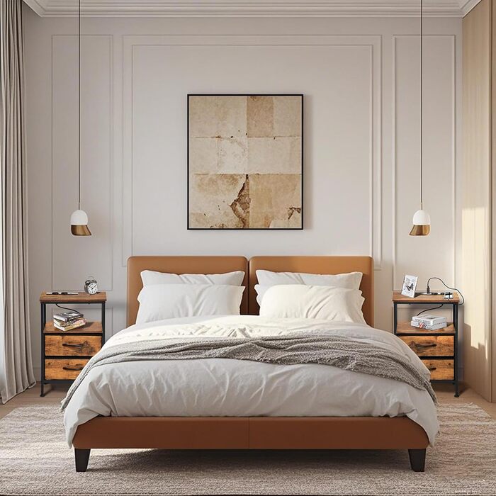 Нічні тумбочки EGGREE (2 шт) з зарядною станцією та шухлядами з тканини, колір вінтажний коричневий, для спальні, невеликих кімнат, готелю та апартаментів. USB-порти та розетки.