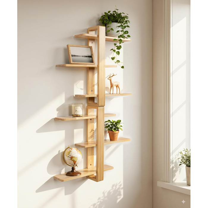 Полиця настінна SUMGAR з дерева, плаваюча, три яруси, 50x58 см (біла/дерево) для вітальні, спальні