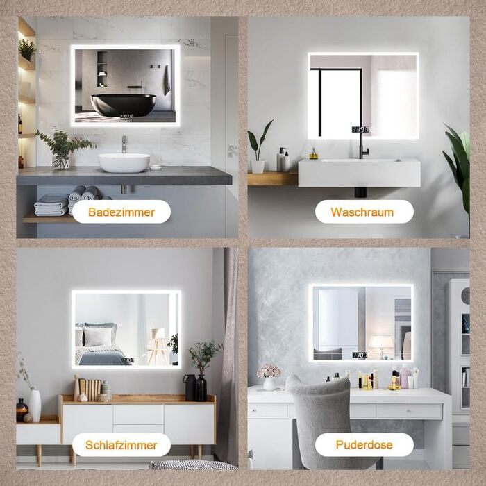 Дзеркало для ванної кімнати Boromal з підсвічуванням та годинником 50x70 см, LED, 3 кольори, регулювання яскравості, сенсорне керування