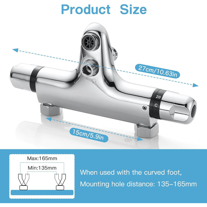 Змішувач для ванни з термостатом, накладний, хром, латунь, з кнопкою безпеки 38°C, для ванни