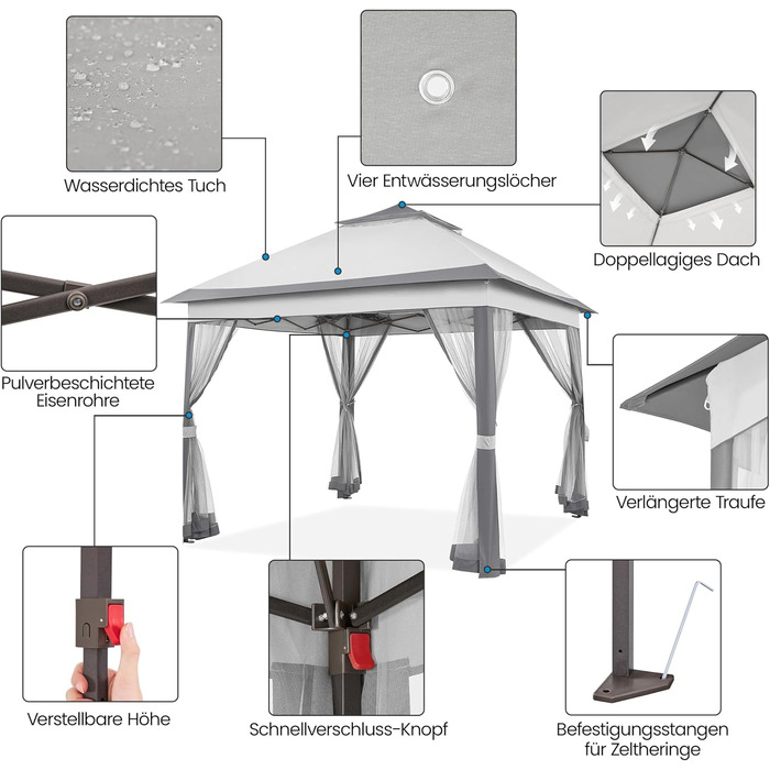 Павільйон Yaheetech 3.3x3.3м, водовідштовхуючий, з москітною сіткою, регульована висота, для саду та відпочинку