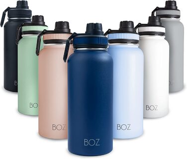 Пляшка для пиття з нержавіючої сталі BOZ XL (1 л / 32 Унції) з широкою шийкою, без бісфенолу А, з вакуумною ізоляцією з подвійними стінками (синій Колір Монако)