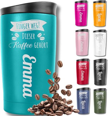 Термокружка з гравіюванням, 350 мл, чорна (бірюзова з іменем), 100% без витоку