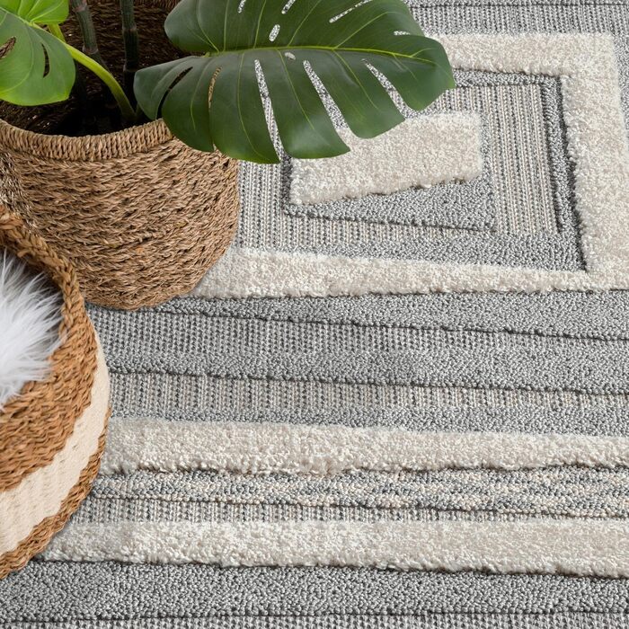 Килим City Boho Rug Cream 80x150 см - Орнаменти, Бордюр, 3D Ефект - Сучасні Бахроми (Сірий, 140x200 см)