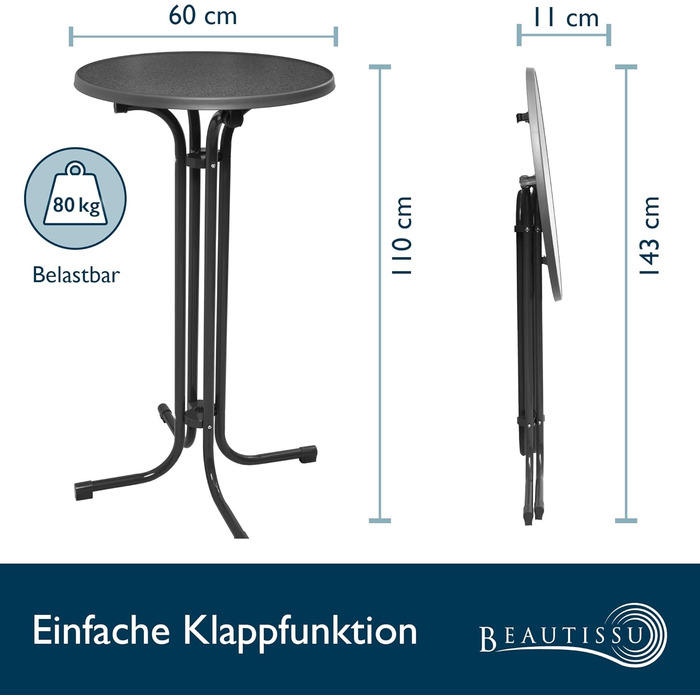 Стіл Beautissu розкладний Ø 70 см білий Bellini – стійкий, вологостійкий, з антиковзким покриттям. Ідеальний для відпочинку на відкритому повітрі, вечірок та барів. Легка збірка, готова до використання.