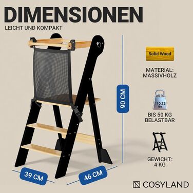 COSYAND Монтессорі стільчик-сходинка для дітей від 1 року, регульована висота, безпечний | Сходинка Монтессорі для кухні, сірий колір