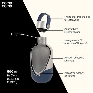 Пляшка для пиття noma noma ізольована пляшка з нержавіючої сталі 500 мл герметична пляшка-термос 500 мл, 750 мл і 1 л вакуумна пляшка для вуглекислого газу кліматично нейтральна та без бісфенолу А газована вода синя 500 мл газована вода синя