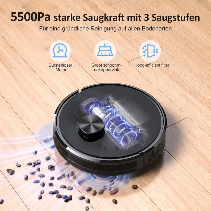 Робот-пилосос Lubluelu з функцією миття, покращена версія, потужність 5500Pa, лазерна навігація, 5 карт, 55 dB, керування через додаток, ідеально підходить для шерсті тварин, килимів та твердих підлог, блакитний