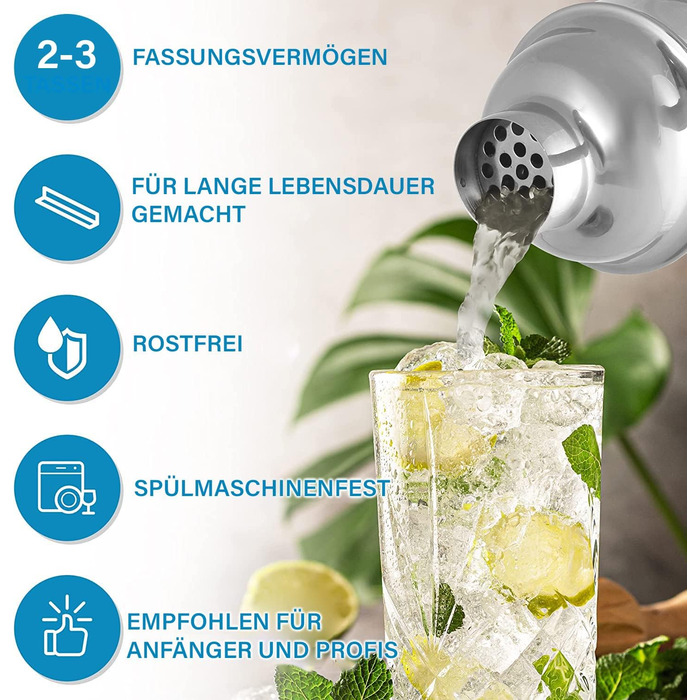 Набір шейкерів для коктейлів Zulay з нержавіючої сталі 700 мл (6 шт.) – шейкер, джиггер, стік та ложка для змішування – для Маргарити та інших коктейлів