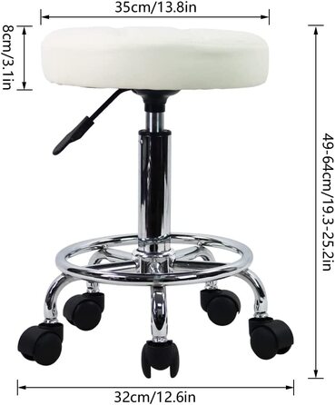 Стілець на коліщатках KKTON робочий стілець барний стілець регульований по висоті 49-64 см поворотний зі штучної шкіри (білий)