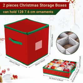 Коробка для прикрас на ялинку з 128 відділеннями, XL, з кришкою та додатковими кишенями, оксфордська тканина, червоно-зелена сітка