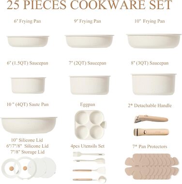 Набір посуду CAROTE 19 предметів: каструлі та сковорідки з антипригарним покриттям, знімні ручки, для індукційних плит, духовка, білий/кремовий