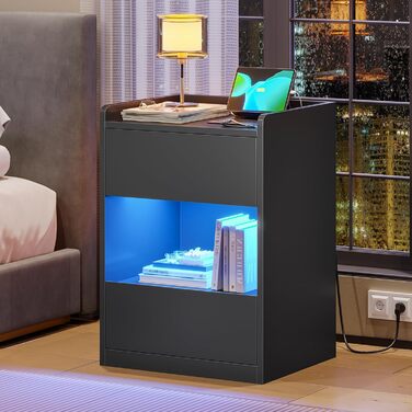 Нічний столик AOGLLATI з LED-підсвічуванням та зарядкою, з шухлядами та полицею, білий (40x35x60 см)