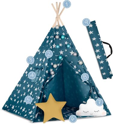 Дитячий намет NUKIDO Tipi з бавовни та дерев'яним каркасом, блакитний, 120x120x165 см