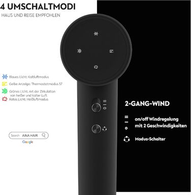 Високошвидкісний іонний фен для волосся AINA з безщітковим двигуном 160 000 об/хв, набір з дифузором, гребінцем та соплом, чорний (3A)